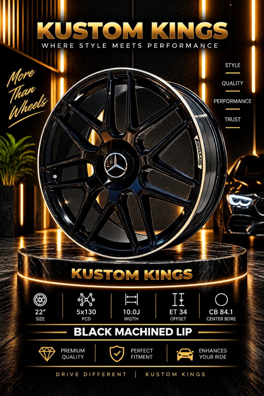 Buy 22 Inch Mercedes Benz AMG Style Rims 5/130 PCD - Gloss Black Machine Lip - G-Wagon Fitment Online | KUSTOM KINGS 22 Inch Mercedes Benz AMG Style Rims 5/130 PCD - Gloss Black Machine Lip - G-Wagon Fitment