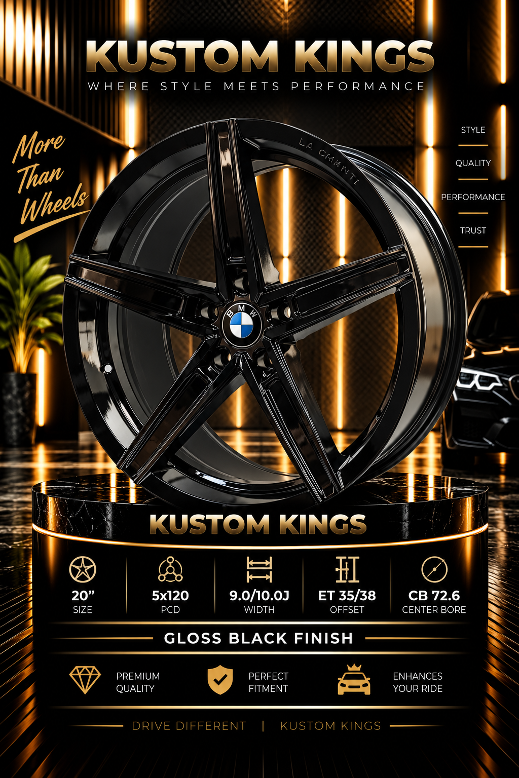 Buy 20 Inch BMW Fitment Rims 5/120 PCD Staggered 5-Spoke Gloss Black Alloy Rims Online | KUSTOM KINGS 20 Inch BMW Fitment Rims 5/120 PCD Staggered 5-Spoke Gloss Black Alloy Rims